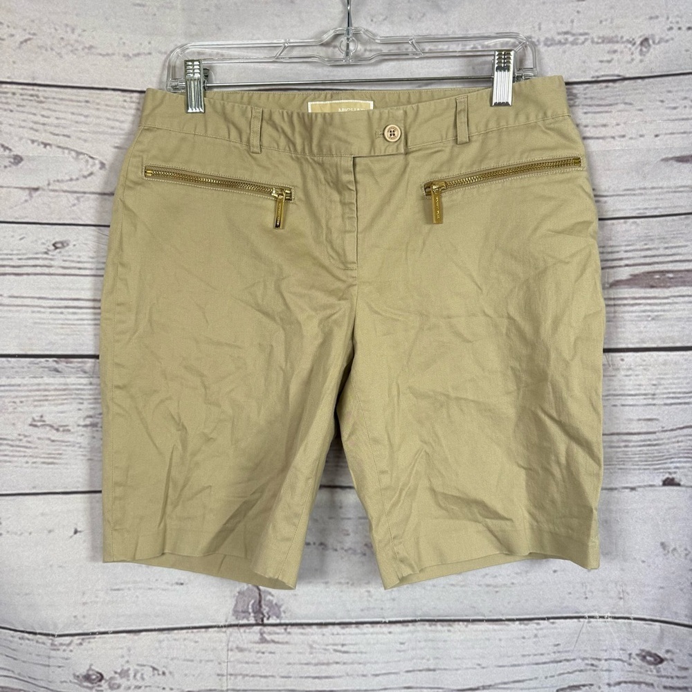 Michael Kors women's khaki cotton bermuda shorts gold zip front pockets Size 8